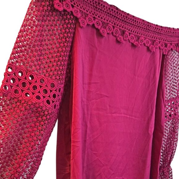 Roaman’s Women’s 14W Magenta Off Shoulder Lace Sleeve Top Plus Size Boho Chic - Picture 3 of 9